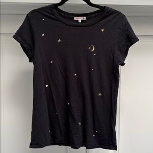 SUNDRY Black Slub T-Shirt with Metallic Gold and White Hearts, Stars and Moons